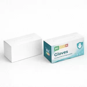A minimalist white box beside a branded gloves box featuring a perforated top for dispensing.