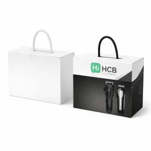 Two white cardboard boxes with carry handles, one plain and one featuring Hi HCB branding.