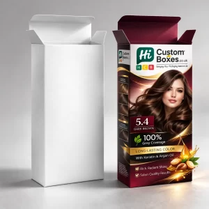 A tall white rectangular carton next to a professional hair dye box featuring a model's portrait.