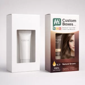 Two retail boxes featuring a rectangular die-cut window to show the internal hair colour tube.