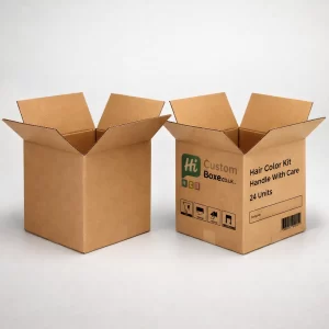 Two large brown corrugated shipping cartons, one plain and one printed with "Handle With Care".