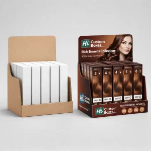 Cardboard counter display units containing several hair colour boxes, one plain and one fully branded.