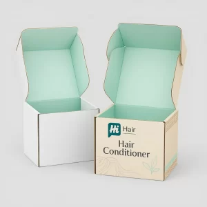 Two open cardboard mailer boxes with a vibrant mint green interior and cream-coloured branded exterior.