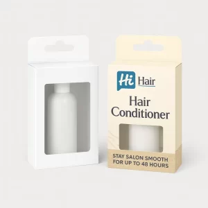 Two hanging retail boxes with windows, showing a conditioner bottle inside and "Stay Salon Smooth" text.
