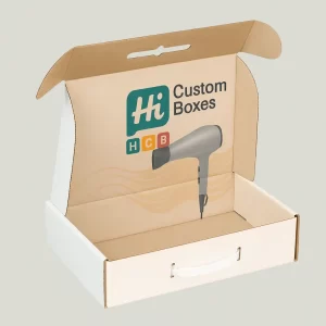An open white cardboard mailer box featuring a printed hair dryer and green brand logo.