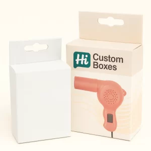Two hanging retail boxes with euro slots, one blank and one featuring a pink dryer.