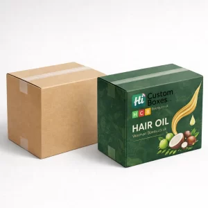 Plain brown cardboard shipping box next to a branded blue and gold hair oil carton.