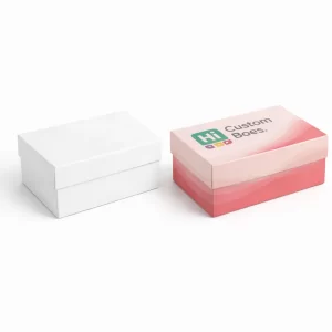 Two closed two-piece rigid boxes, one plain white and one with pink waves and brand logo.