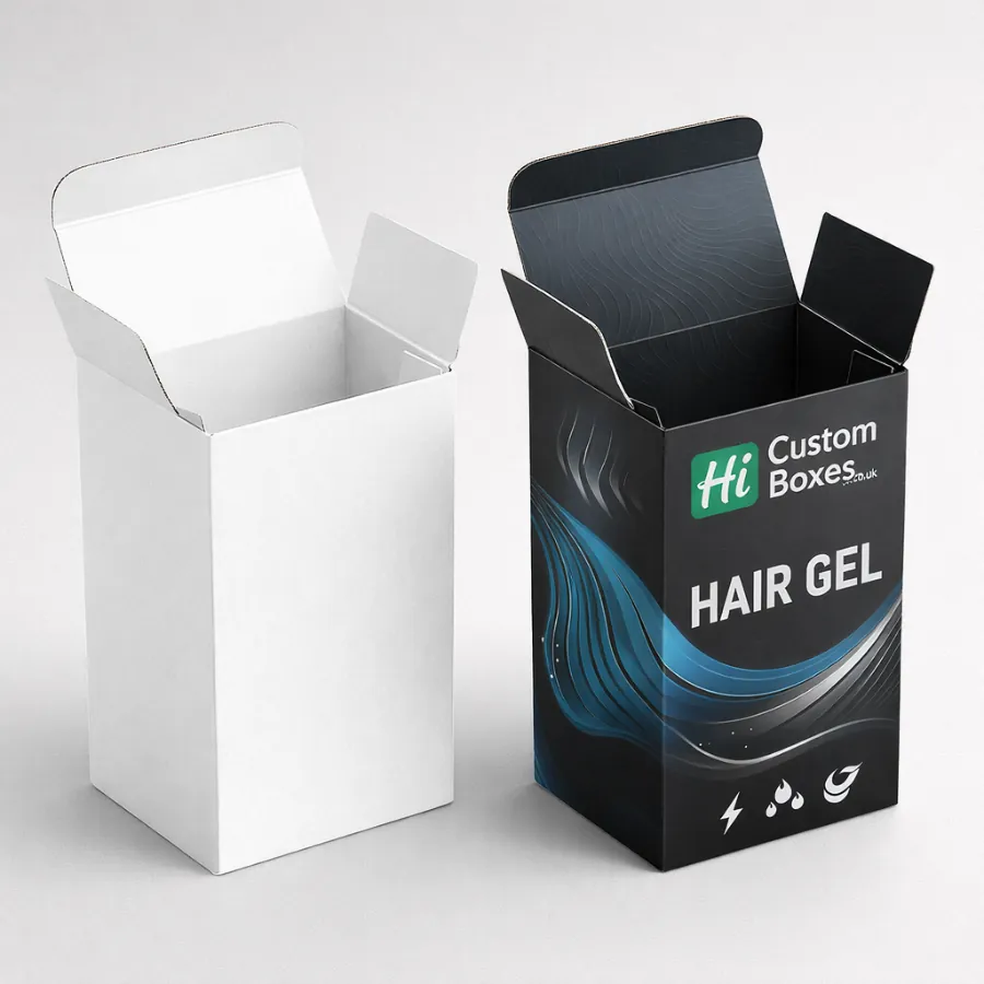 Two open cardboard boxes- one plain white and one black with blue hair gel branding