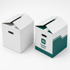 Large white and teal custom cardboard shipping boxes with handle cutouts.