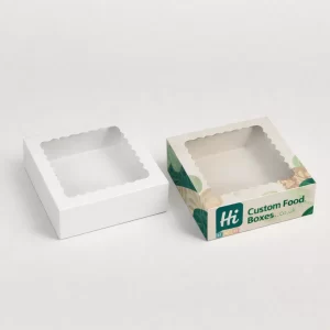 Shallow square boxes with decorative scalloped-edge windows, presented in plain white and branded sustainable-style card.