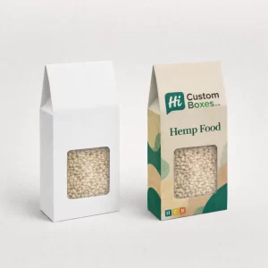 Two tall gable-top boxes with rectangular windows showing hemp seeds, one plain white and one branded.