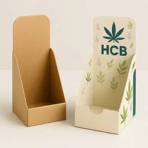 Kraft and custom printed cardboard display boxes with tall back panels, one plain brown and the other decorated with green hemp leaf patterns and "HCB" branding.