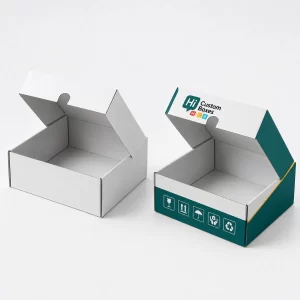 White and teal custom printed mailer boxes with secure locking lids.