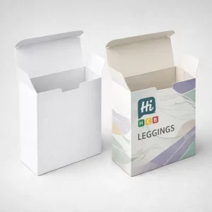 Two open upright tuck boxes, one plain white and one with colourful abstract patterns.