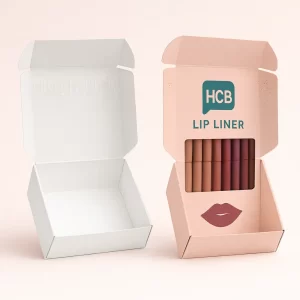 Open peach and white display boxes showing a range of lip liner pencils inside them