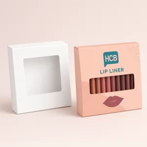 Square pink and white packaging boxes featuring a window to display various lip liner pencils