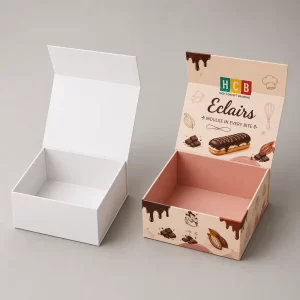 A premium white gift box standing next to a branded version with elegant pastry illustrations.