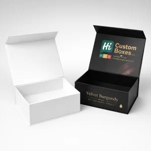 Two premium magnetic lid boxes, one plain white and one matte black with gold foil text.