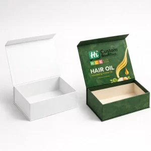 Two premium flip-top magnetic boxes, one blank white and one branded with elegant gold illustrations.