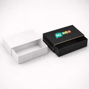 Premium drawer-style slide boxes in minimalist white and black finishes with a colourful brand logo.