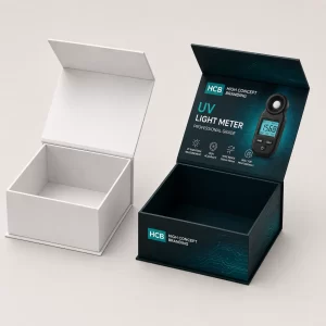 Rigid cardboard shoulder boxes with dark purple lids and white bases for luxury UV meters.