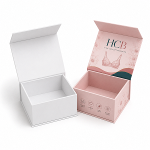 Premium rigid pink gift boxes with a magnetic closure lid for upscale lingerie packaging.