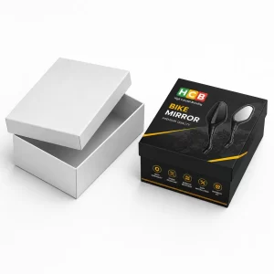 Sleek black and orange bike mirror packaging boxes with professional branding for wholesale retail display.