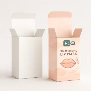 Two upright tuck-end boxes- one plain white and one with peach branded graphics