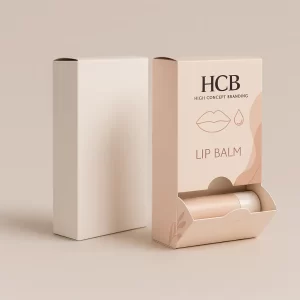 A tall peach box with a pull-out drawer displaying a lip balm tube inside