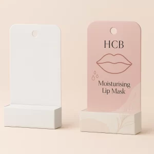 Two hanging display boxes- one plain white and one pink with a lip illustration