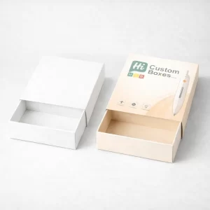 Two drawer-style slide boxes, one plain white and one with custom printed mole removal pen graphics.