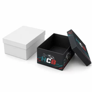 Pair of premium automotive component boxes in black and blue with clean, professional branding designs.