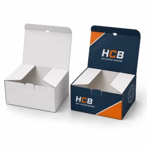 Two bespoke black and green motorcycle sprocket boxes featuring custom logos and automotive part graphics.
