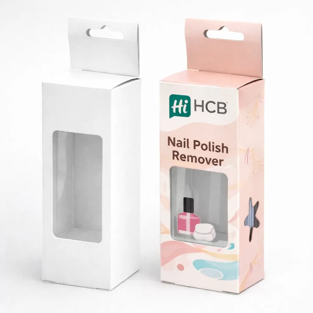Two hanging display boxes with windows- showing a plain white and a pink branded version