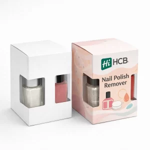 Two square boxes with side windows- displaying nail polish bottles through plain and branded packaging
