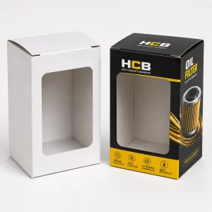 Vertical black and orange oil filter packaging boxes with high-quality custom printing and brand logos.