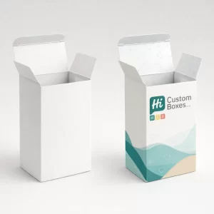 Two vertical white cardboard cartons with open top flaps, featuring teal wave patterns and branding.