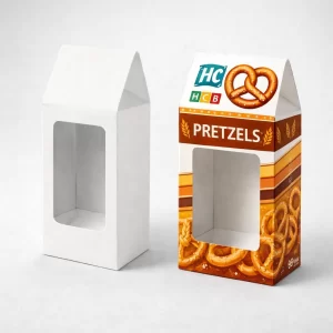 Upright packaging boxes featuring a transparent rectangular window on the front panel for product visibility.