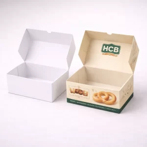 Two rectangular boxes with a side tuck, featuring a white version and a custom-printed bagel design.