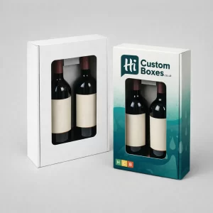 Two rectangular presentation boxes with large windows- each containing two wine bottles with cream-coloured labels