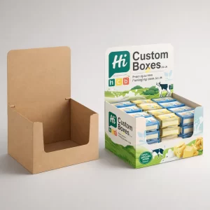 Two rectangular boxes with lids, one plain white and one showing a branded cow and milk design.
