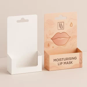 An open white box next to a printed peach box featuring -HCB- branding