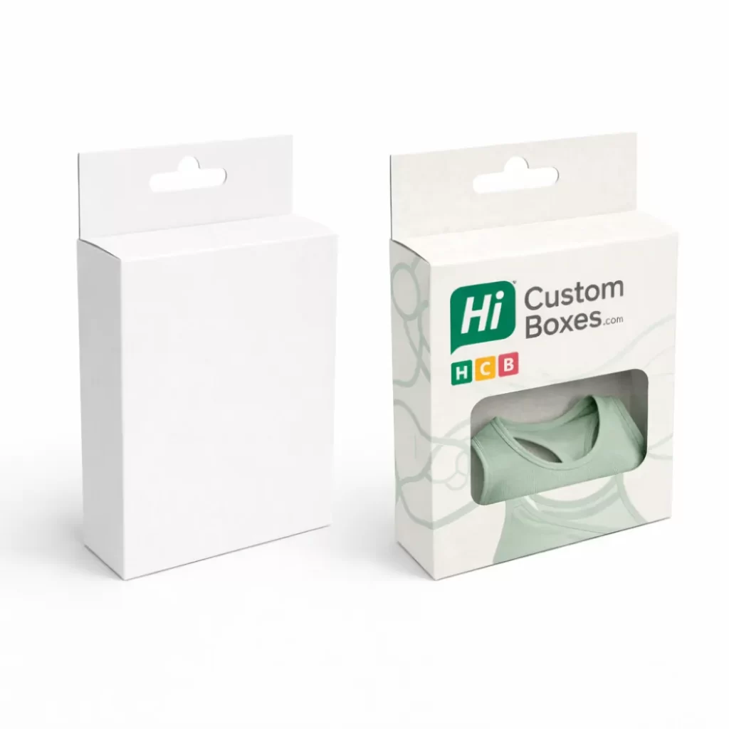 A pair of vertical cardboard boxes with hang tags, featuring a die-cut window and branding.