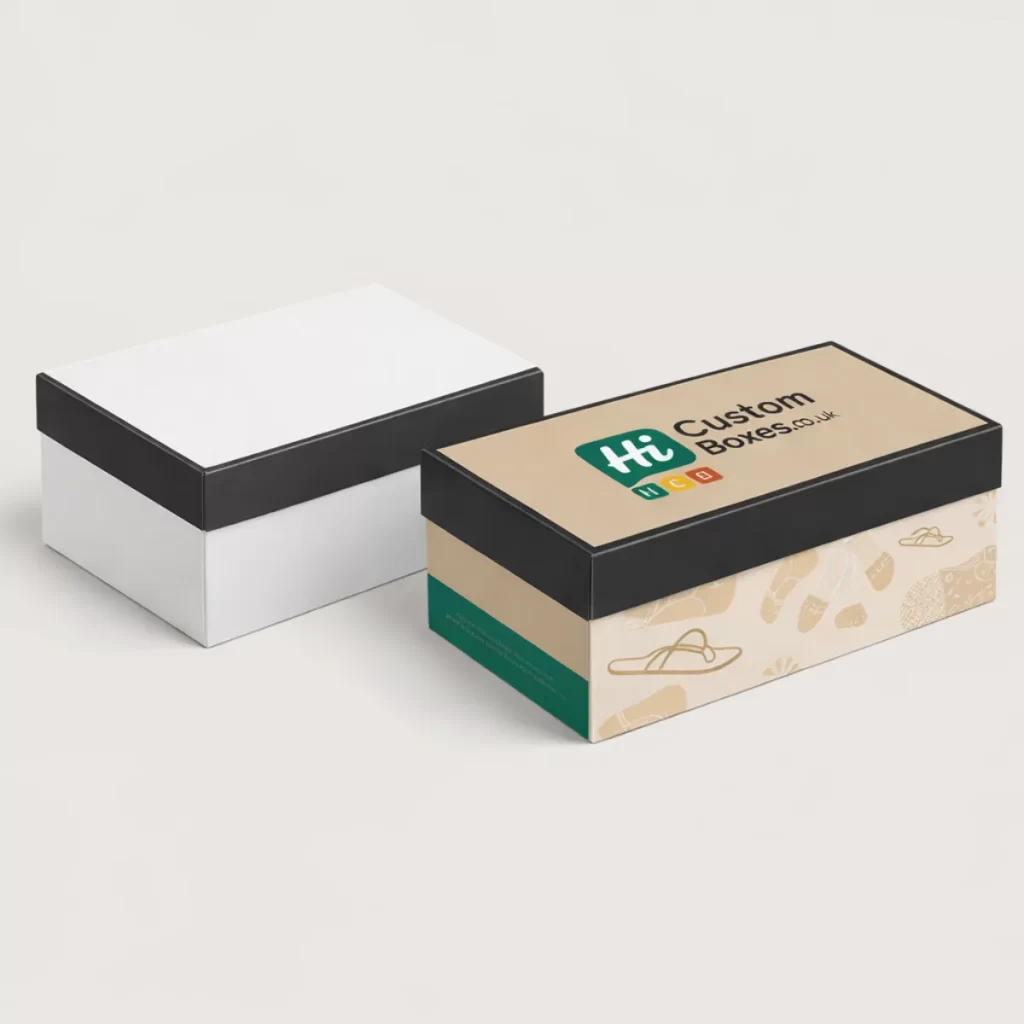 A plain white shoebox next to a branded beige sandal box with a black lid.