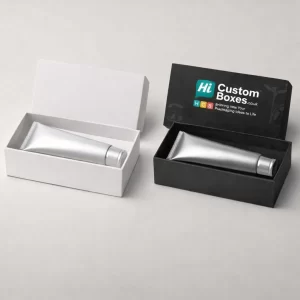 Two premium two-piece rigid boxes, one plain white and one black with custom branding, holding silver tubes.