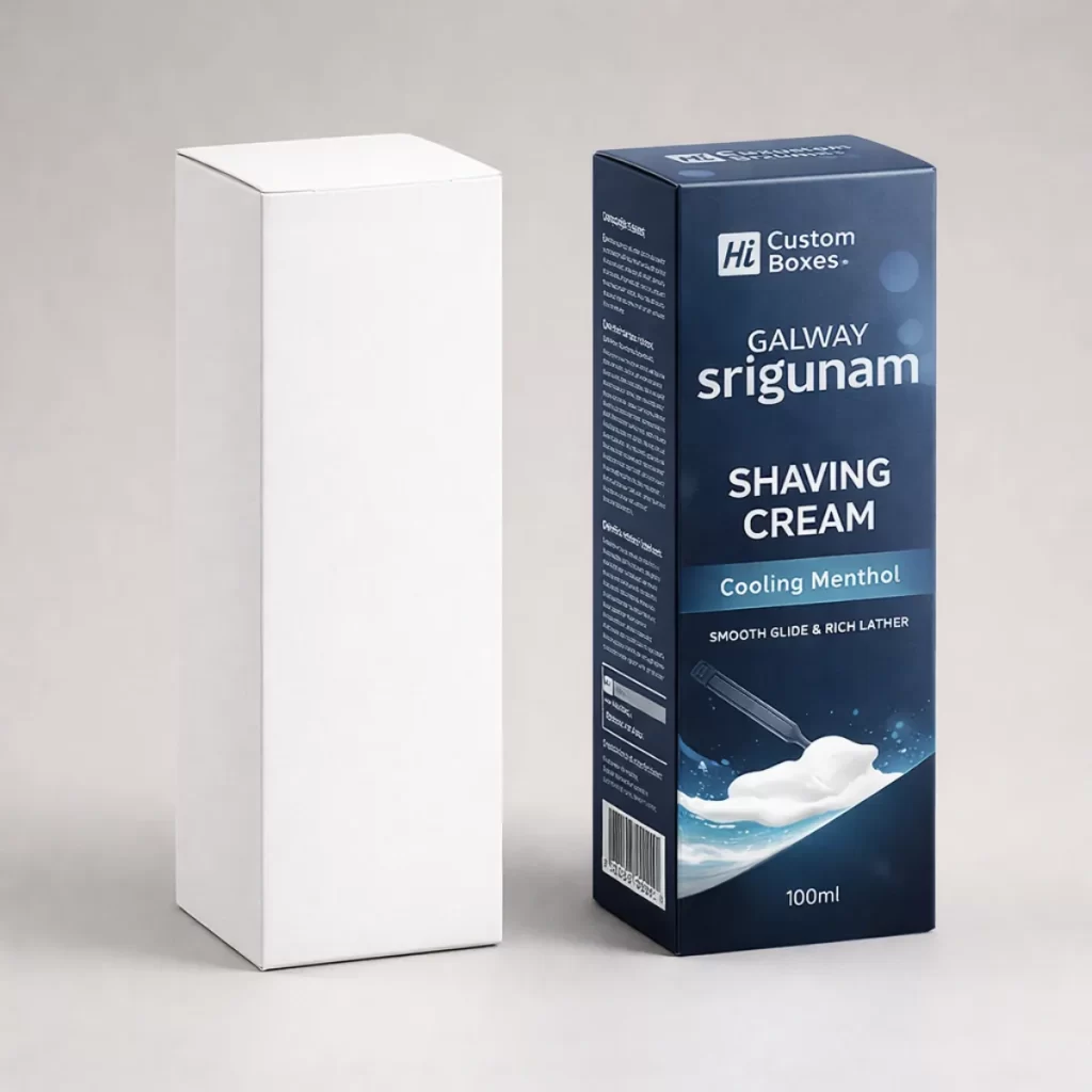 A plain white tall rectangular carton standing beside a dark blue branded shaving cream retail box.