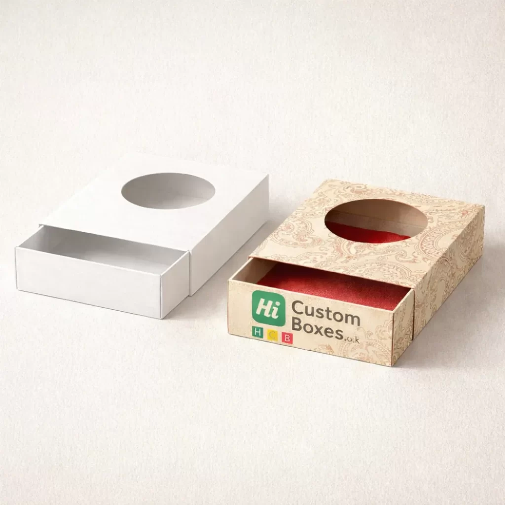 Two slide-out drawer boxes with circular windows, displaying a plain white version and a paisley patterned version.