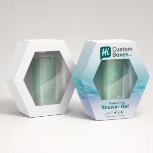 Two white hexagonal boxes with cut-out windows, one plain and one featuring a blue water-splash design.
