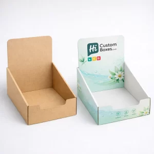 Two cardboard display boxes, one plain white and one printed with blue skin toner branding.